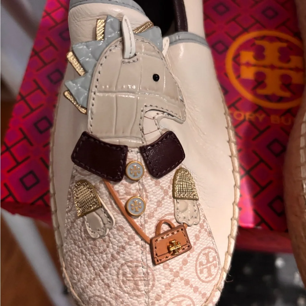 Tory Burch Cream and Brown Dragon Espadrilles. New in Box